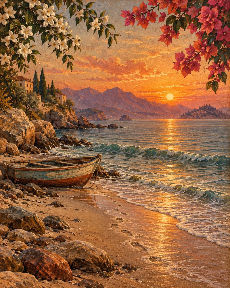 Enseada ao entardecer, a maré levando pegadas na areia.